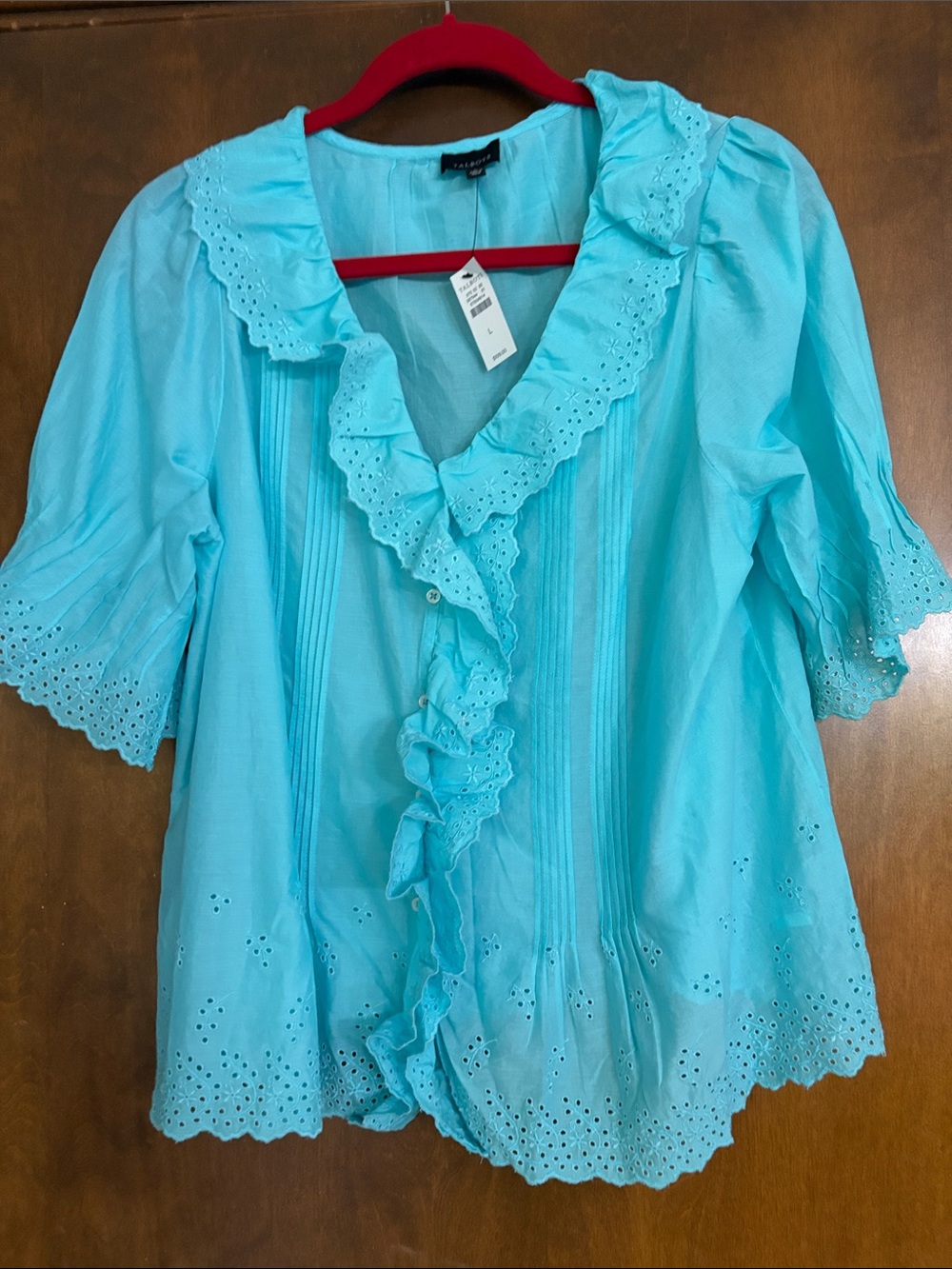 NWT Talbots Turquoise Ruffle Eyelet Blouse Sz Large